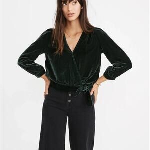 Madewell Dark Forest Green Velvet Wrap Tied Bow Cropped Blouse Top SZ S